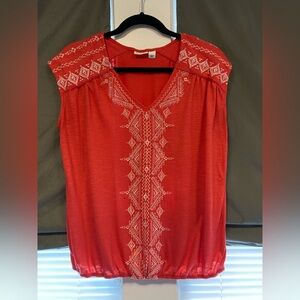 Cato Embroidered Coral Red Women's Top, Sleeveless/Cap Sleeve, Size Large
